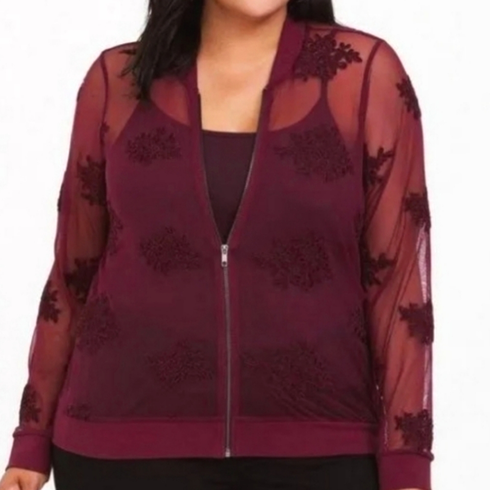 TORRID Burgundy Floral Embroidered Sheer Mesh Up Zip Up Bomber Jacket Size 4